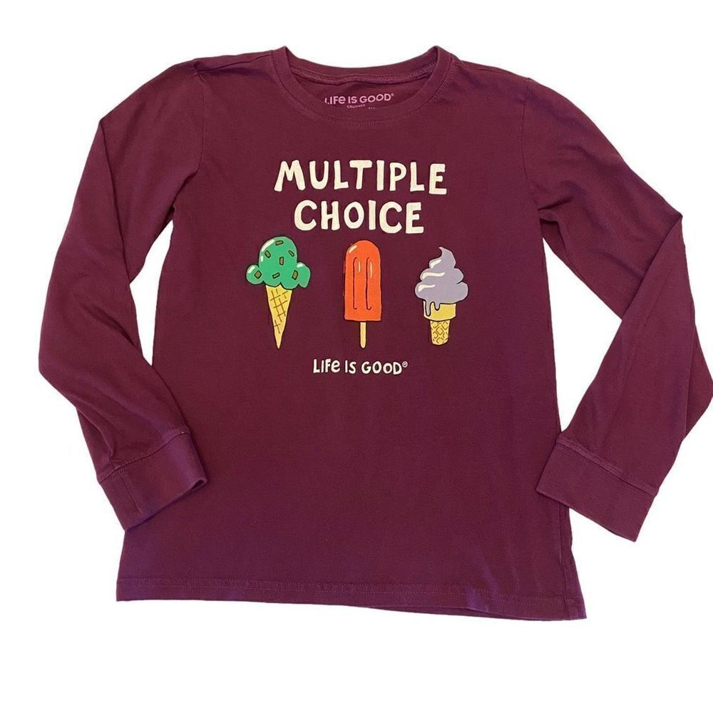 Life Is Good Multiple Choice Ice Cream Long Sleeve Purple Shirt Kids Size Large‎